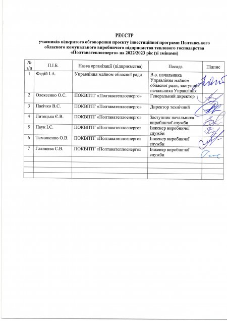 Відкрите обговорення проекту Інвестиційної програми Полтавського обласного комунального виробничого підприємства теплового господарства «Полтаватеплоенерго» на 2022/2023 рік (зі змінами 2)